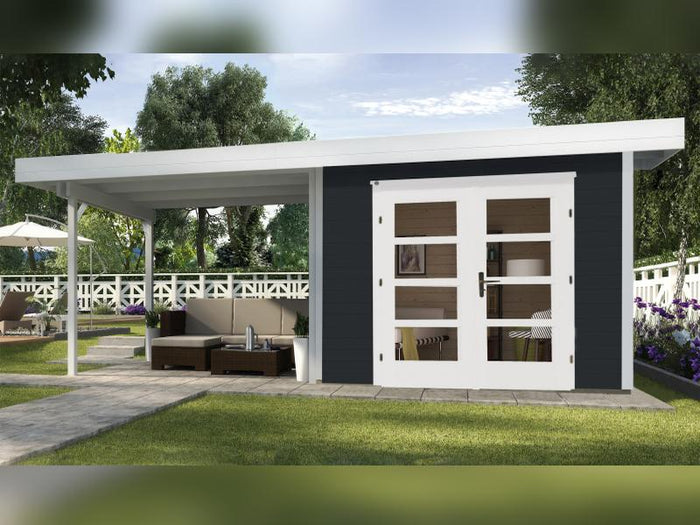 Weka Gartenhaus 126 Plus Gr. 1 anthrazit mit Anbaudach 300 cm