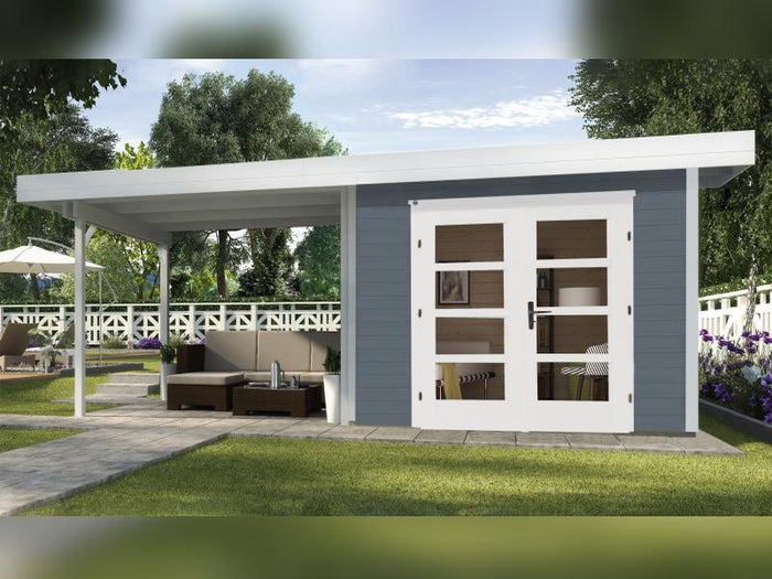 Weka Gartenhaus 126 Plus Gr. 1 grau mit Anbaudach 300 cm