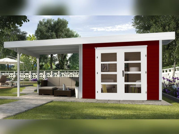 Weka Gartenhaus 126 Plus Gr. 1 schwedenrot mit Anbaudach 300 cm