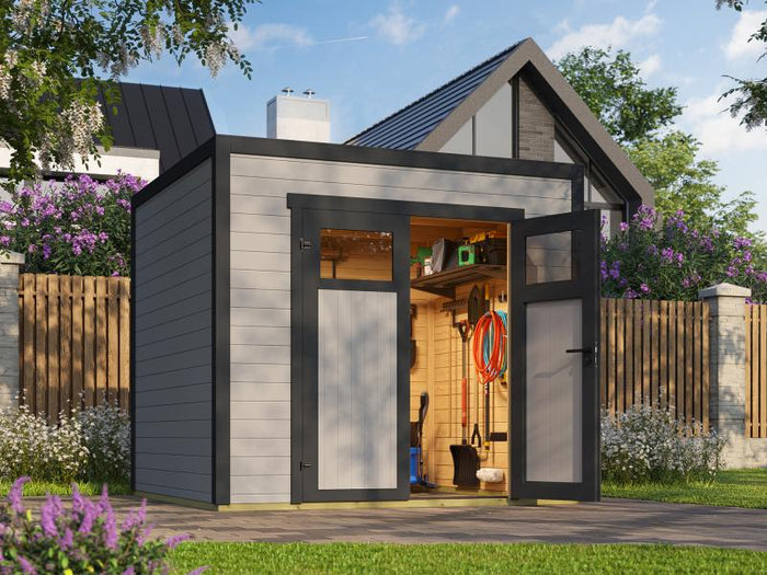 Weka Gartenhaus Batu 2, 28mm, inkl. moderner Rahmen-Doppeltür, Hellgrau