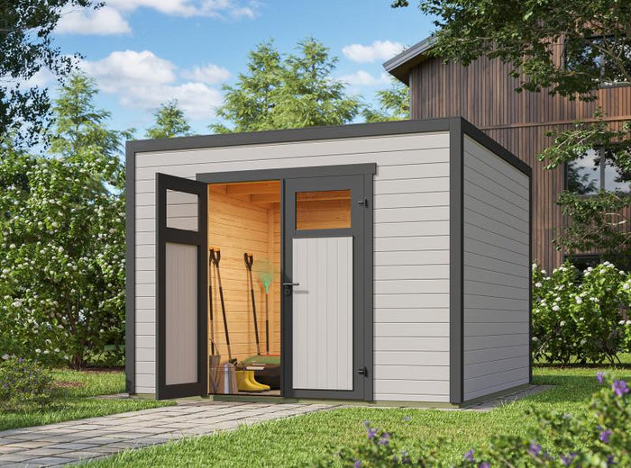 Weka Gartenhaus Batu 3, 28mm, inkl. moderner Rahmen-Doppeltür, Hellgrau