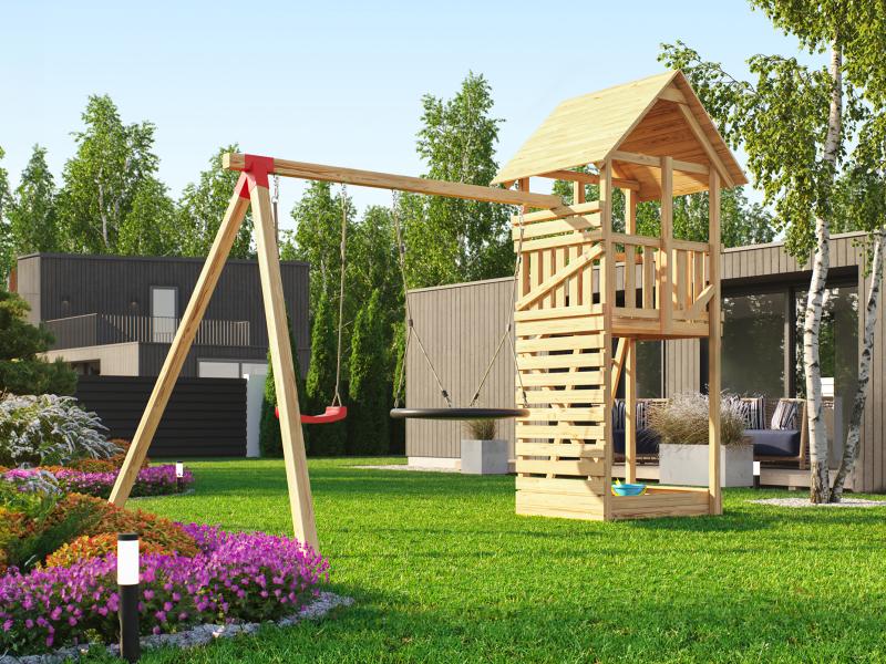 Weka Kinderspielturm Tabaluga mit Satteldach inkl. Anbauschaukel, Nestschaukel und Sandkasten