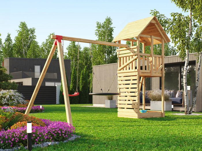 Weka Kinderspielturm Tabaluga mit Satteldach inkl. Anbauschaukel, Nestschaukel und Sandkasten