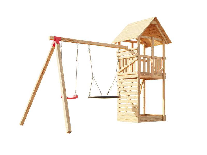 Weka Kinderspielturm Tabaluga mit Satteldach inkl. Anbauschaukel, Nestschaukel und Sandkasten