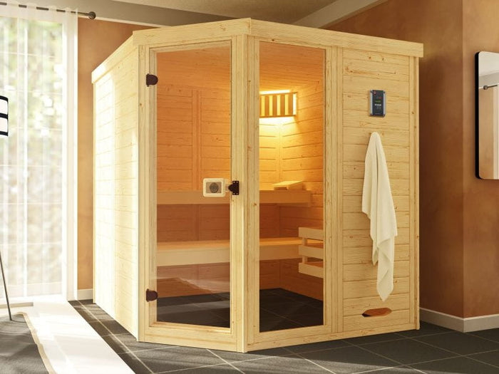 Weka Massivholz-Elementsauna Laukkala 3 GTF inkl. 7,5 kW Bioofen digitale Steuerung, mit Saunaleucht