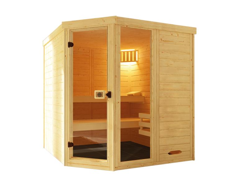 Weka Massivholz-Elementsauna Laukkala 3 GTF inkl. 7,5 kW Bioofen digitale Steuerung, mit Saunaleucht