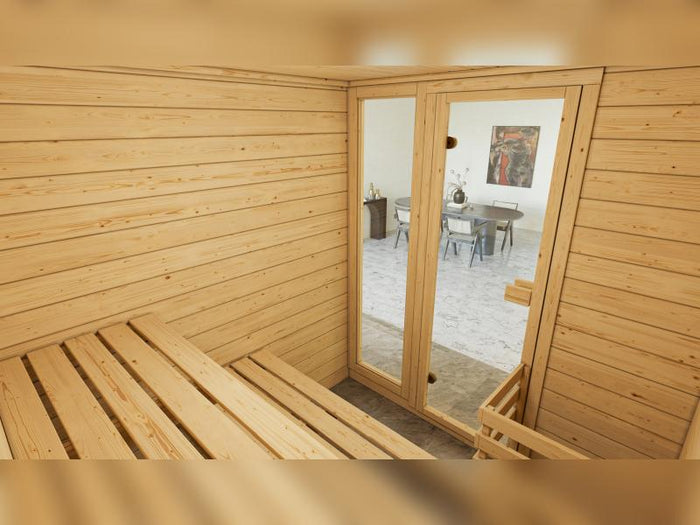 Weka Massivholzsauna Valida 3 GTF, inkl. 5,4 kW Ofen Kompakt integr. Steuerng, Ganzglastür und Fenst