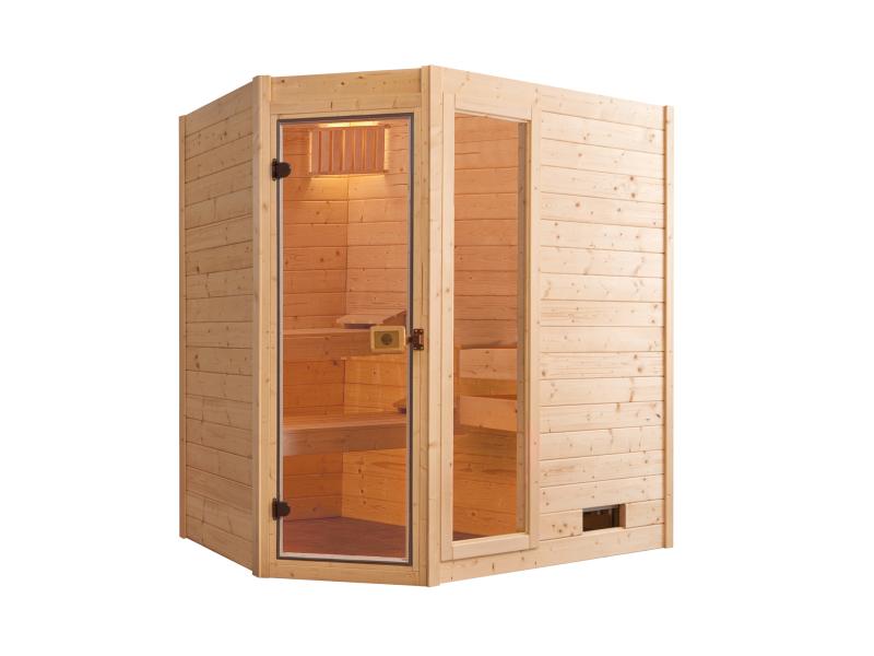 Weka Massivholzsauna Valida Eck 1 GTF Sparset 1 inkl. 4,5 kW Kompakt-Ofenset, Sauna-Leuchtenset, Zub