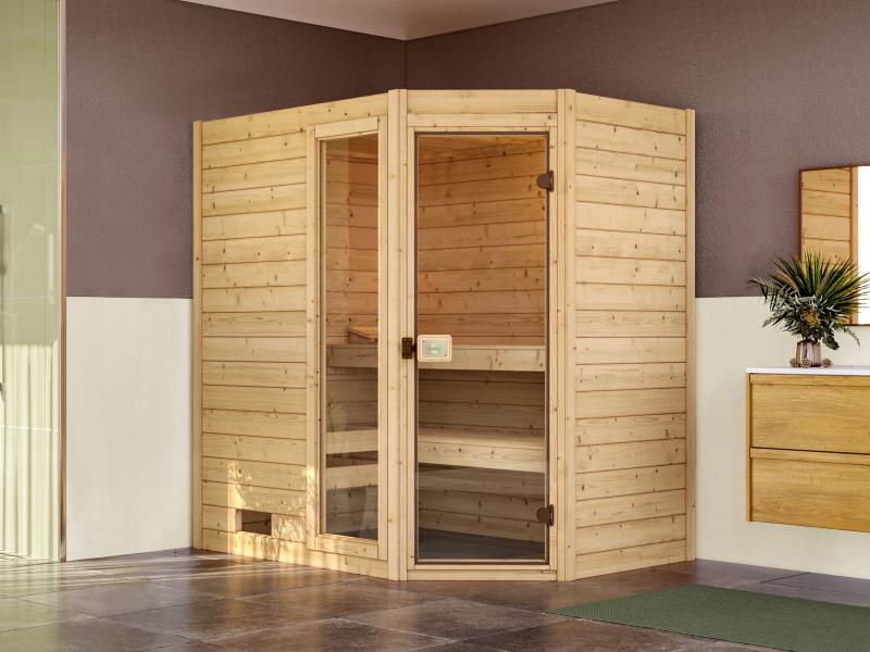 Weka Massivholzsauna Valida Eck 1 GTF, inkl. 7,5 kW Ofen digitale Steuerung (OS), mit Ganzglastür un