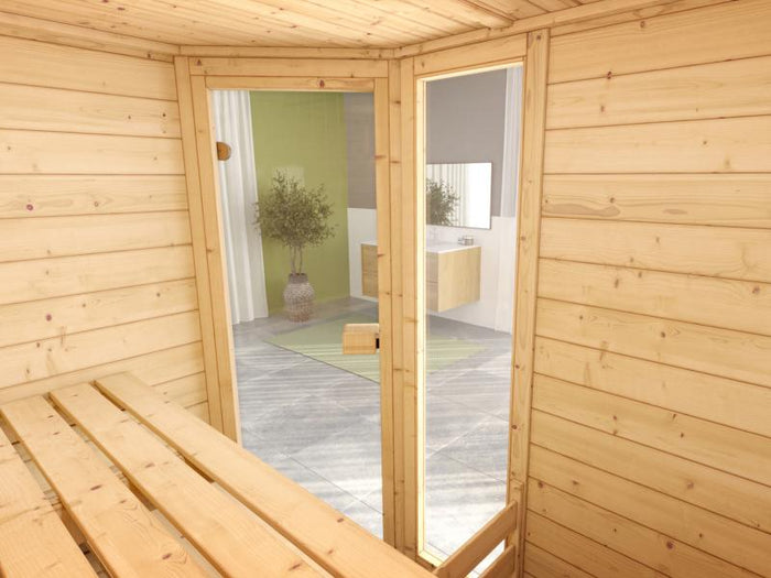 Weka Massivholzsauna Valida Eck 1 GTF, inkl. 7,5 kW Ofen digitale Steuerung (OS), mit Ganzglastür un