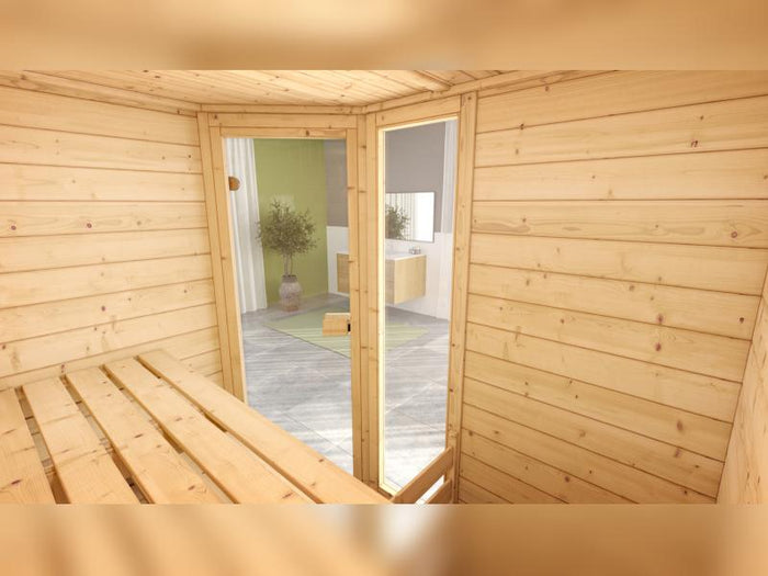 Weka Massivholzsauna Valida Eck 1 GTF, inkl. 4,5 kW Ofen digitale Steuerung (OS), mit Ganzglastür un