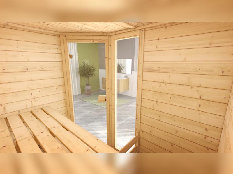 Weka Massivholzsauna Valida Eck 1 GTF, inkl. 7,5 kW Bioofen digitale Steuerung (BioS), mit Ganzglast