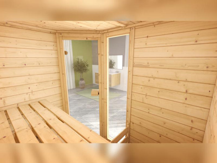 Weka Massivholzsauna Valida Eck 1 GTF, inkl. 7,5 kW Bioofen digitale Steuerung (BioS), mit Ganzglast