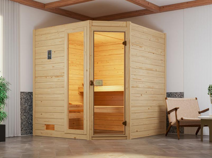 Weka Massivholzsauna Valida Eck 1,8 GTF, inkl. 5,4 kW Ofen Kompakt integr. Steuerung, mit Ganzglastü
