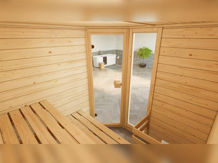 Weka Massivholzsauna Valida Eck 1,8 GTF, inkl. 5,4 kW Ofen Kompakt integr. Steuerung, mit Ganzglastü