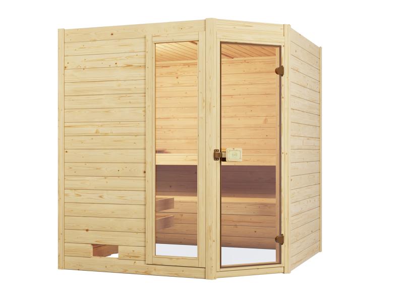Weka Massivholzsauna Valida Eck 1,8 GTF, inkl. 5,4 kW Ofen Kompakt integr. Steuerung, mit Ganzglastü