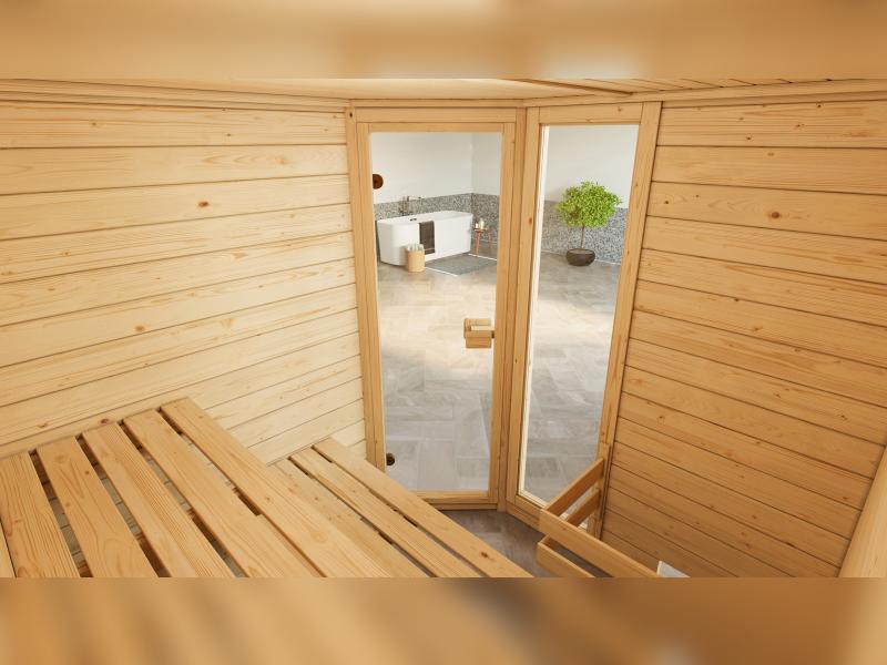 Weka Massivholzsauna Valida Eck 2 GTF, inkl. 9 kW Ofen Kompakt integr. Steuerung, Ganzglastür und Fe