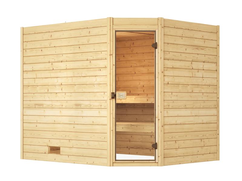 Weka Massivholzsauna Valida Eck 3 GT, inkl. 9 kW Ofen mit digitaler Steuerung (OS), Ganzglastür