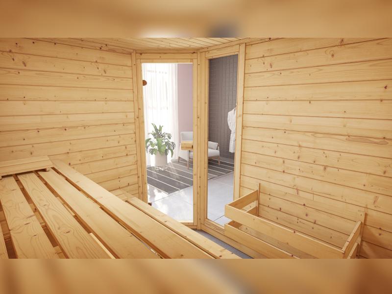 Weka Massivholzsauna Valida Eck 3 GTF, inkl. 7,5 kW Ofen mit digitaler Steuerung (OS), Ganzglastür u