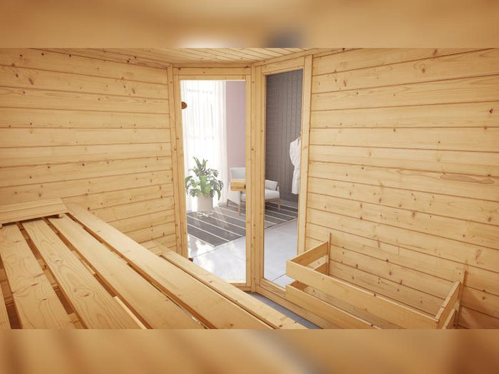 Weka Massivholzsauna Valida Eck 3 GTF, inkl. 7,5 kW Ofen mit digitaler Steuerung (OS), Ganzglastür u