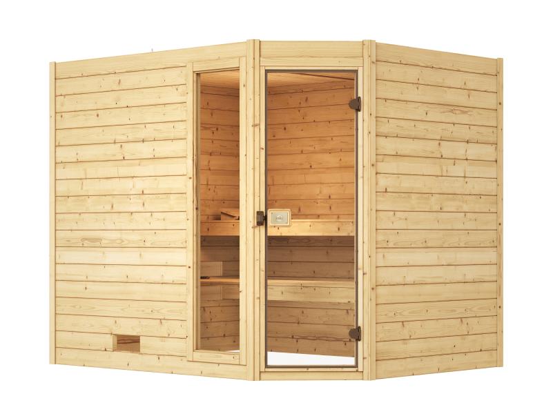 Weka Massivholzsauna Valida Eck 3 GTF, inkl. 7,5 kW Ofen mit digitaler Steuerung (OS), Ganzglastür u