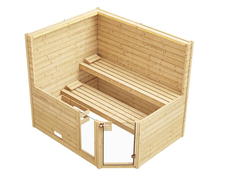 Weka Massivholzsauna Valida Eck 3 GTF, inkl. 7,5 kW Ofen mit digitaler Steuerung (OS), Ganzglastür u