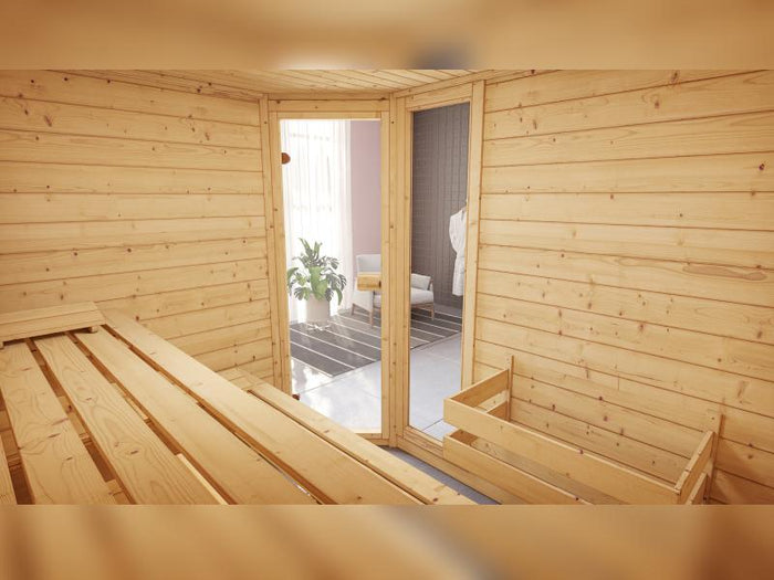 Weka Massivholzsauna Valida Eck 3 GTF, inkl. 9 kW Bioofen mit digitaler Steuerung (BioS), Ganzglastü