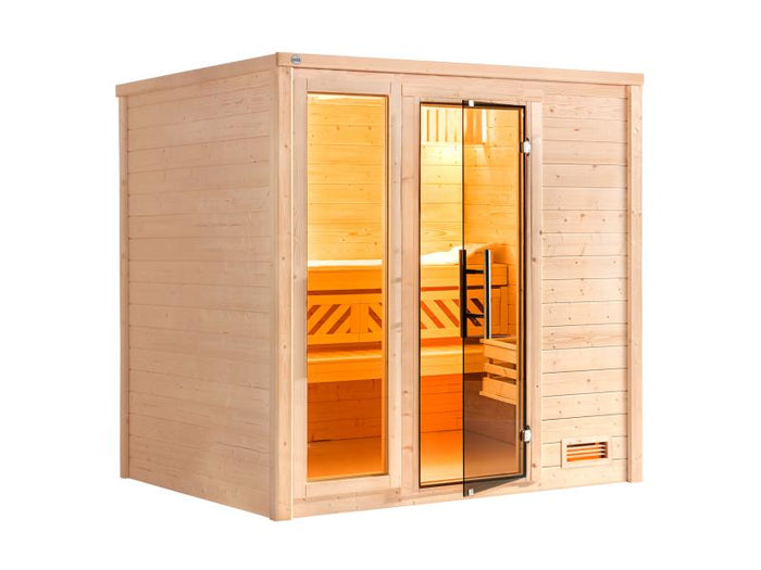 Weka Premium Sauna Bergen 2, inkl. Sparset mit 7,5 kW OS inkl. Steuerung, Ganzglastür und Fenster (G