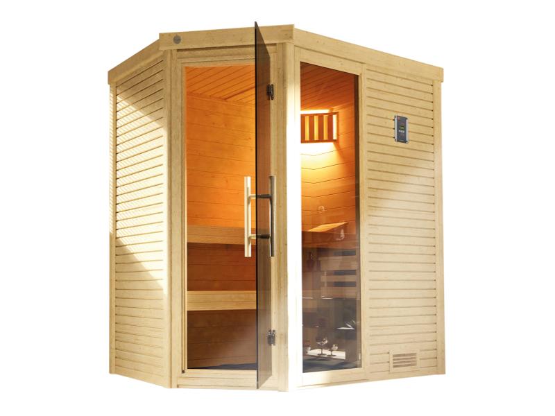 Weka Sauna Cubilis Eck 1, inkl. 4,5 kW Bioofen inkl. digitaler Steuerung (BioS), mit Glastür, Fenste