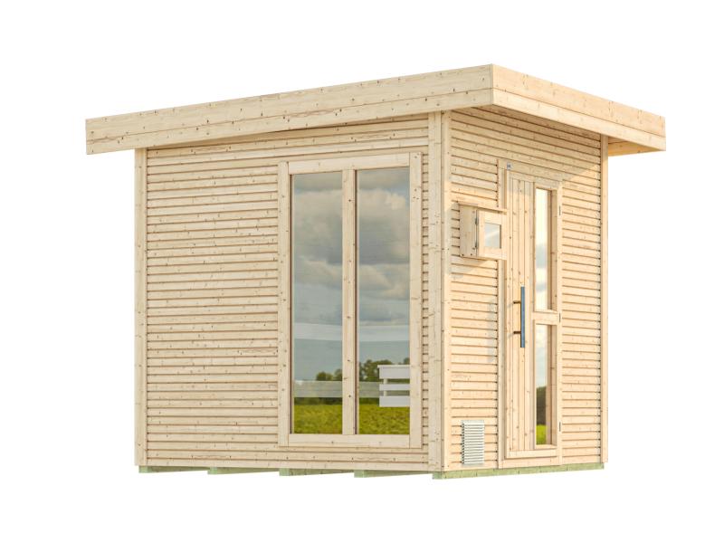 Weka Saunahaus 45 mm KUOPIO mit Fenster und 9 kW BioS-Ofenset, natur