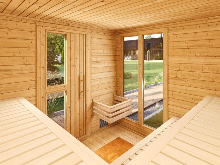 Weka Saunahaus 45 mm KUOPIO mit Fenster und 9 kW BioS-Ofenset, natur