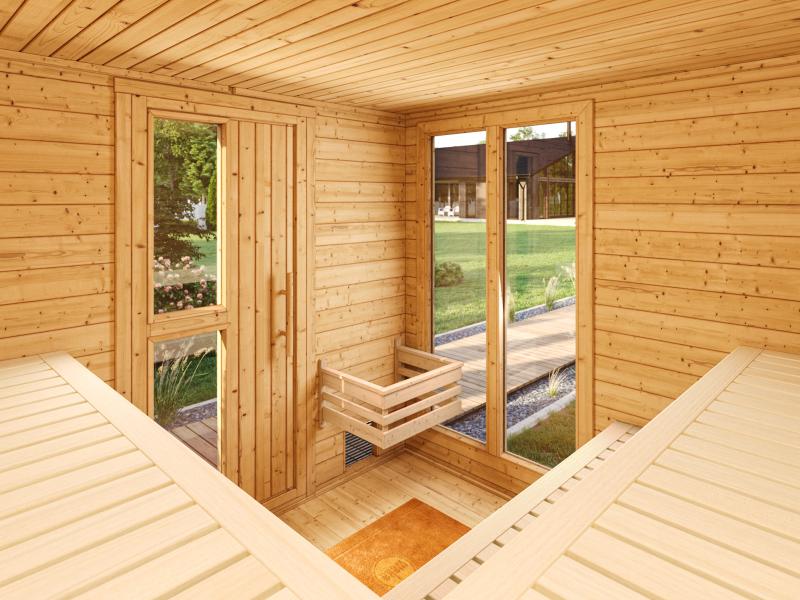 Weka Saunahaus 45 mm Kuopio mit Fenster und 9 kW BioS-Ofenset, anthrazit