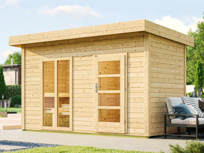 Weka Saunahaus Farsund, inkl. 9 kW Ofen digitale Steuerung (OS), mit Vorraum und Fenster