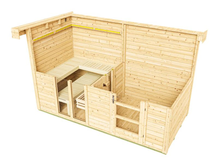 Weka Saunahaus Farsund, inkl. 9 kW Ofen digitale Steuerung (OS), mit Vorraum und Fenster