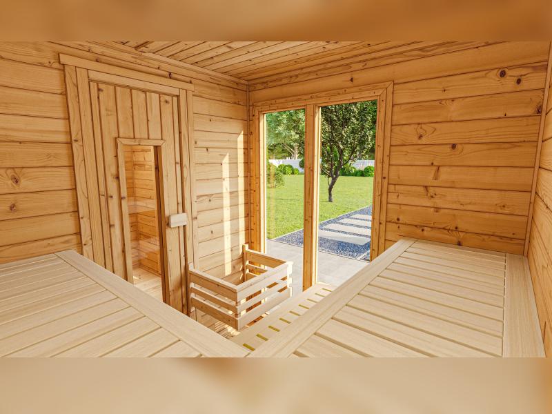 Weka Saunahaus Farsund, inkl. 9 kW Ofen digitale Steuerung (OS), mit Vorraum und Fenster