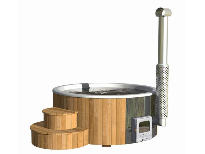 Wolff Finnhaus Badebottich Hot Tub de luxe 200 cm mit weißem GFK-Einsatz, integriertem Außenofen und