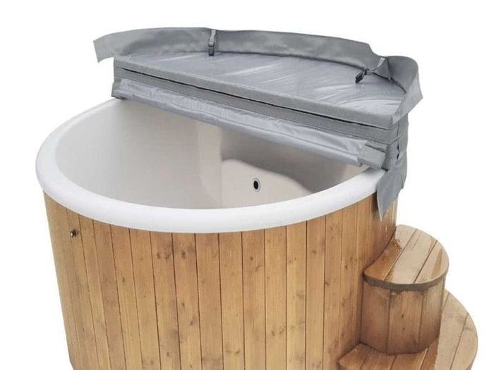 Wolff Finnhaus Badebottich Hot Tub de luxe 200 cm mit weißem GFK-Einsatz, integriertem Außenofen und