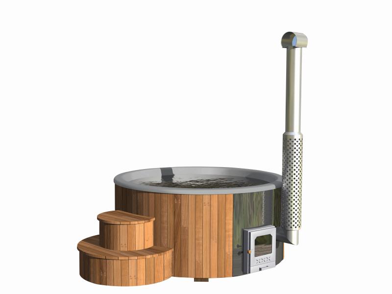 Wolff Finnhaus Badebottich Hot Tub de luxe Eiche mit grauem GFK-Einsatz, integriertem Außenofen