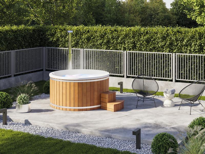 Wolff Finnhaus Badebottich Typ 2, cremeweißer Einsatz, Anstrich Pinie, integrierter Edelstahlofen, L