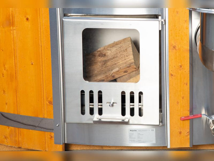 Wolff Finnhaus Badebottich Typ 3, cremeweißer Einsatz, Anstrich Pinie, integrierter Edelstahlofen, i