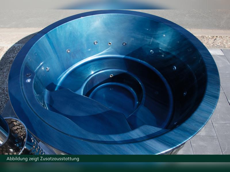 Wolff Finnhaus Badebottich Typ 5, blauer Einsatz, Thermoholz, integr. Edelstahlofen, inkl. Wassermas