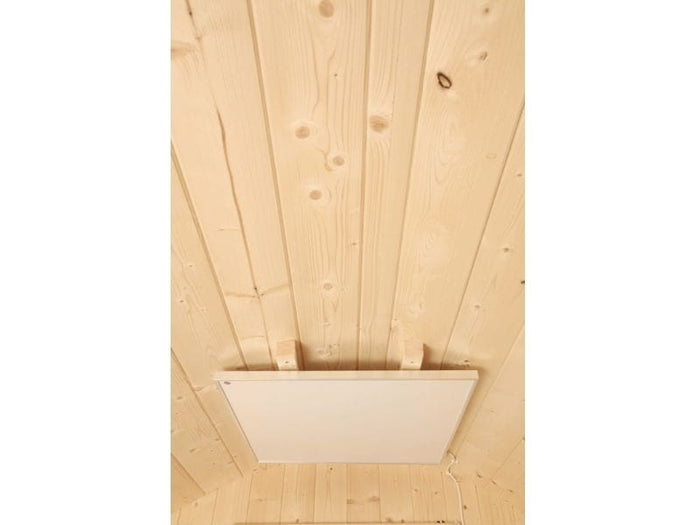 Wolff Finnhaus Campingfass 330, 1-Raum montiert mit schwarzen Dachschindeln