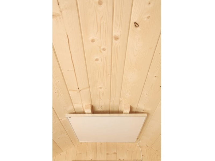 Wolff Finnhaus Campingfass 480, 2-Raum montiert mit schwarzen Dachschindeln