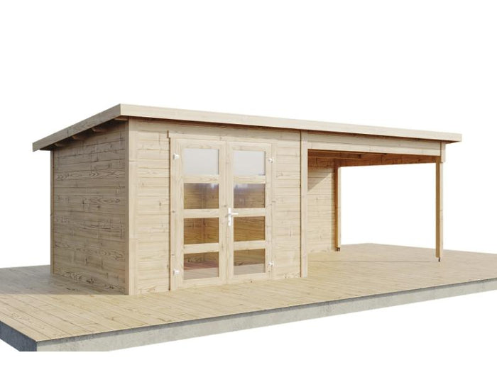 Wolff Finnhaus Gartenhaus Ole 6028, 28 mm, mit Anbau und Rückwand, naturbelassen