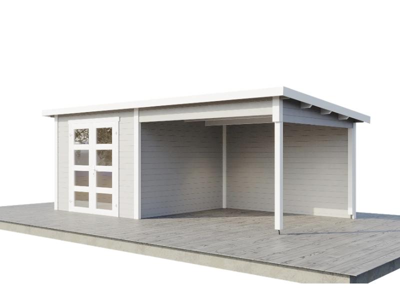 Wolff Finnhaus Gartenhaus Ole 6028, 28 mm, mit Anbau und Rückwand, hellgrau