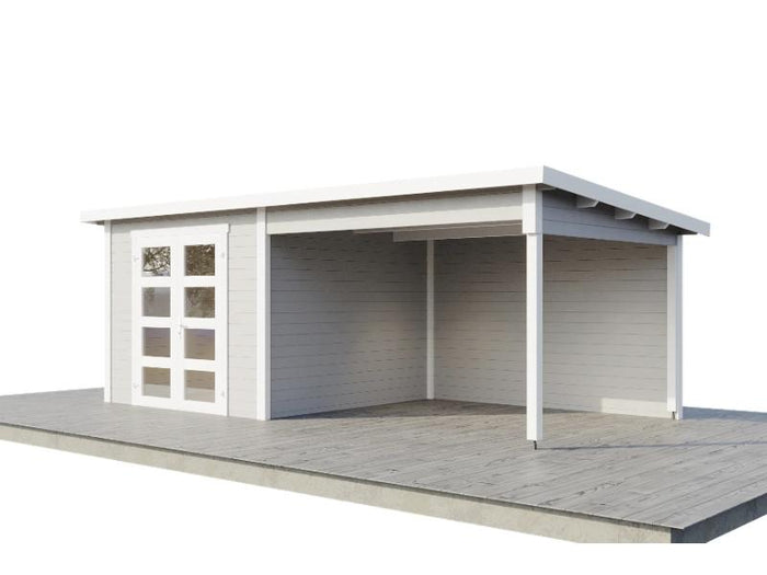 Wolff Finnhaus Gartenhaus Ole 6028, 28 mm, mit Anbau und Rückwand, hellgrau