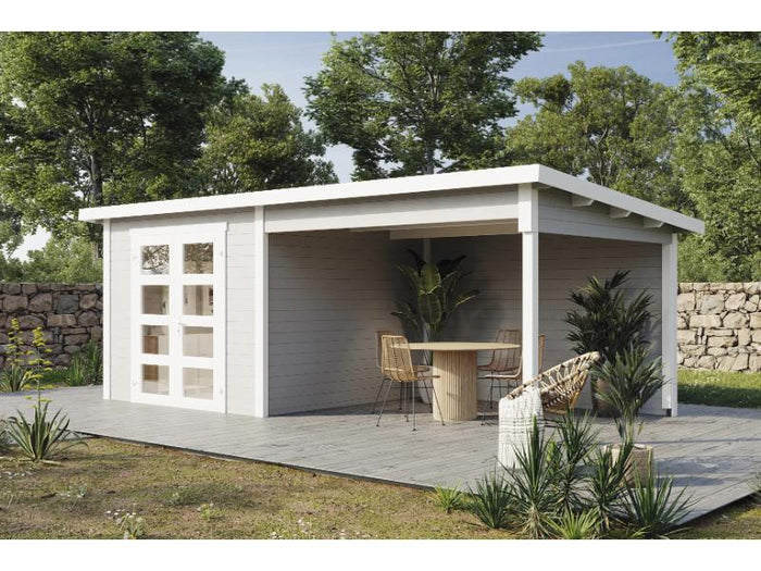 Wolff Finnhaus Gartenhaus Ole 6028, 28 mm, mit Anbau und Rückwand, hellgrau, inkl. Fußboden