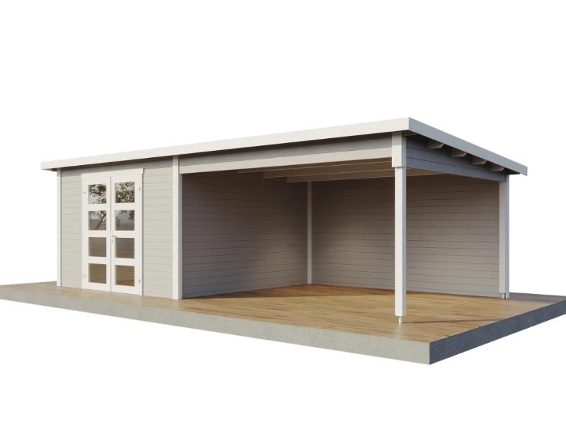 Wolff Finnhaus Gartenhaus Ole 7133, 28 mm, mit Anbau und Rückwand, Hellgrau mit Fußboden