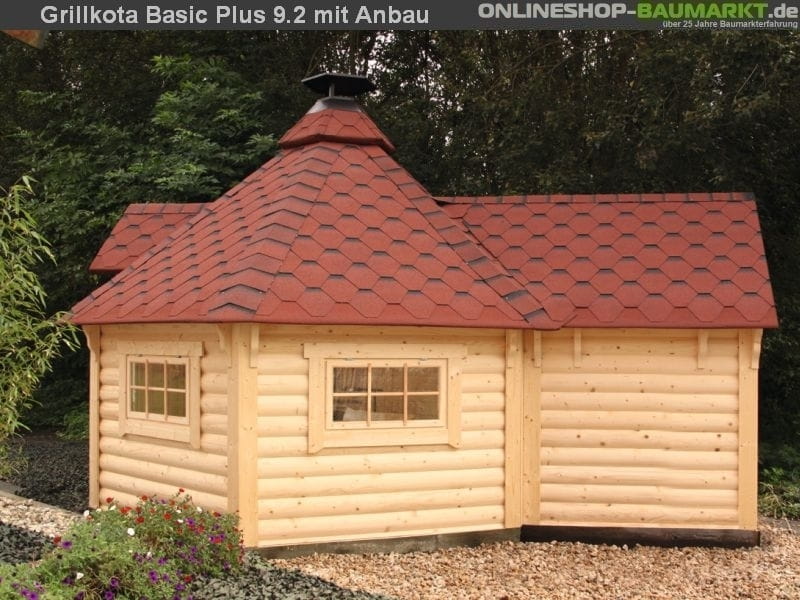 Wolff Finnhaus Grillkota 9 de luxe mit Anbau inkl. rot-schwarzen Dachschindeln