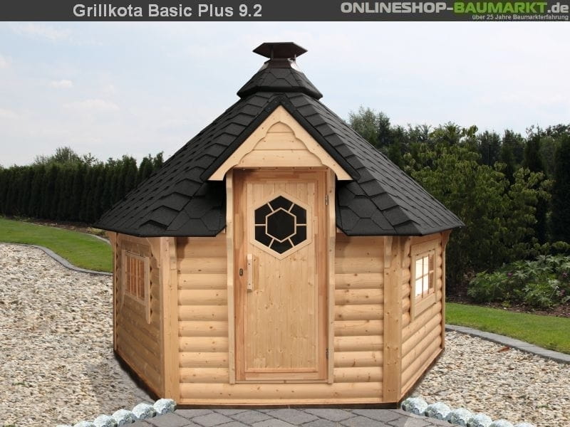 Wolff Finnhaus Grillkota 9 de Luxe mit Saunaanbau und schwarzen Schindeln